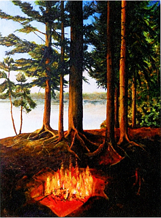 Painting of campfire in woods